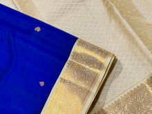 Deep Blue with Creamish White Buttas Korvai Handwoven Pure Kanjivaram Silk Saree with rich borders pallu and contrast woven blouse