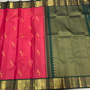 Dual tone Deep tomato Pink with Bottle Green Korvai Handwoven Pure Jari Buttas Woven Kanjivaram Silk Saree Beauty