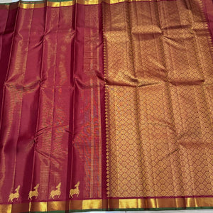 Arakku Red with Gold Vairaoosi with Border Deer Buttas Handwoven Pure Jari Kanjivaram Silk Saree Beauty