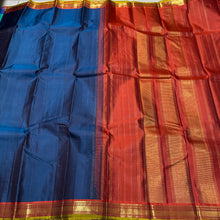 Deep Sapphire Blue with Burnt Orange Small Borders Handwoven Pure Jari Kanjivaram Silk Saree Beauty