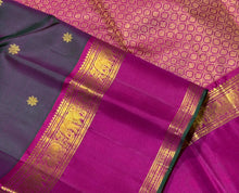 Sahana- Gorgeous Manthulir Dual tone Green with Magenta Pink Buttas Handwoven Pure Jari Kanjivaram Silk with beautiful doublept borders rich pallu and contrast woven blouse