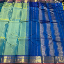 Pastel Green with Peacock Blue Handwoven Pure Jari Kanjivaram Silk Saree with beautiful borders rust selvedges rich pallu and contrast woven blouse