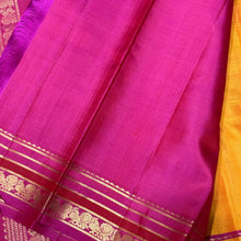 Mango Yellow with Magenta Pink Buttas Handwoven Pure Kanjivaram Silk Saree with intricate borders classy pallu and contrast woven blouse beauty