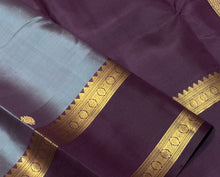 Sahana- Beautiful Smoky Grey with Deep Plum Handwoven Pure Jari Kanjivaram Silk with beautiful buttas woven body with doublepet borders rich tree of life pallu and contrast plum colored blouse