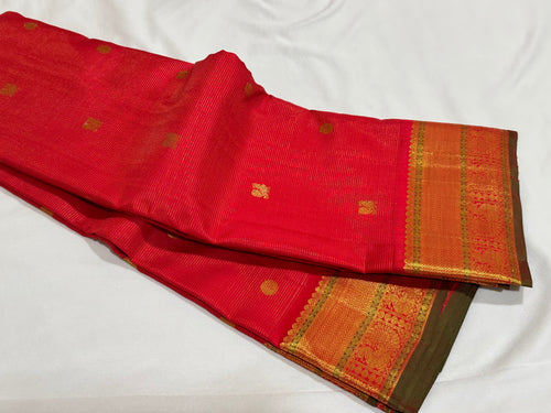 Red with Gold Vairaoosi with Buttas Handwoven Pure Jari Kanjivaram Silk Saree with Meenakari Borders rich pallu and self colored blouse