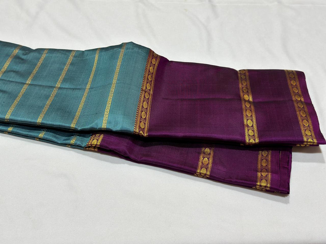 Teal blue with deep wine Beldhari Stripes with Long Bordered Handwoven Pure Jari Kanjivaram Silk Saree Beauty