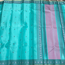 Turquoise Blue Green Handwoven Pure Zariless Soft Kanjivaram Silk Saree with Buttas body and meenakari borders striped blouse beauty