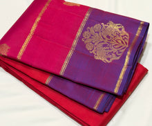 Vaibhogam- Stunning Orange, Pink with Purple Handwoven Pure 2g Jari Kanjivaram Silk with buttas woven body with middle portion in orange lower portion in pink and borders pallu and blouse in beautiful purple with border motifs woven beautifully!