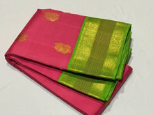 Deep Flamingo Pink with Leaf Green Korvai with Buttas Handwoven Pure Jari Kanjivaram Silk Saree with gorgeous meenakari borders rich pallu and contrast woven blouse beauty