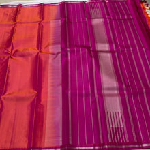 Nayaki- Gorgeous Orange Pink with Pink Handwoven Pure Kanjivaram Silk without zari with a beautiful small borders with pillayar moggu with rich seer pallu and contrast woven blouse
