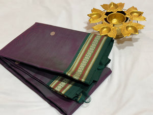 Dual tone green with purple with bottle green buttas and pichwai pallu Handwoven Pure Zariless Kanchipuram Silk Saree Beauty