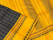 Premium Weave- Black with Mustard Yellow Handwoven Pure Zariless Korvai Kanjivaram silk saree with rudrakshapet borders checked body classic pallu and contrast woven blouse beauty