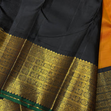 Vaibhogam- Stunning Rust with Black Handwoven Pure 2g Jari Korvai Kanjivaram Silk with mayil kuyil bird buttas with rich borders gorgeous pallu and contrast woven blouse