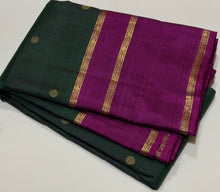 Sahana- Stunning Bottle Green with Dark Magenta Buttas Handwoven Pure 2g Jari Kanjivaram Silk with long and short beautiful borders with rich pallu and contrast buttas woven blouse