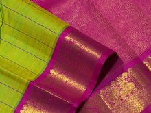 Sarasangi- Stunning Parrot Green with Pink Handwoven Pure Jari Korvai Kanjivaram Silk with beautiful checked body rich borders pallu and contrast woven blouse