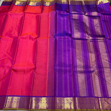 Dual tone Orange Pink with Purple Handwoven Pure Jari Kanjivaram Silk Saree with rich borders with green selvedges rich Pallu and contrast woven blouse