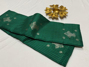 Bottle Green with Mint Green Handwoven Pure Jari Borderless Kanjivaram Silk Saree with Podikattam with Silver Jari iruthalaipakshi motifs woven saree Beauty
