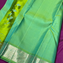 Purple with Dual tone Parrot Green Handwoven Pure Silver Jari Korvai Kanjivaram Silk Saree with rich borders pallu and contrast woven blouse beauty