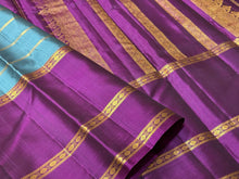 Teal blue with deep wine Beldhari Stripes with Long Bordered Handwoven Pure Jari Kanjivaram Silk Saree Beauty