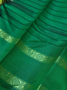 Yellow with Bottle Green Handwoven Pure Zariless Korvai Kanjivaram Silk Saree with doublepet temple borders beauty