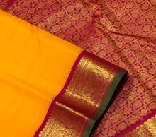 Sarasangi- Vintage Style Mambazham Yellow with Arakku Handwoven Pure 2g Jari Korvi Kanjivaram Silk with Green Selvedges with beautiful gandaberundas woven borders rich pallu and contrast woven blouse