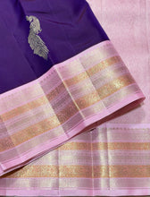 Vaibhogam- Beautiful Deep Purple with Baby Pink Handwoven Pure Jari Korvai Kanjivaram Silk with beautiful twisted gold and silver zari peacock motifs woven body with rich meenakari borders beautiful pallu and contrast woven blouse beauty