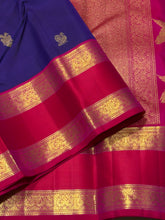 Vaibhogam- Stunning Deep Meenakshi Blue with Tomato Pink Buttas Handwoven Pure 2g Jari Korvai Kanjivaram Silk with rich borders beautiful Birds woven pallu and contrast woven blouse