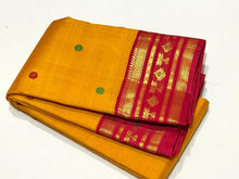 Vaibhogam-Gorgeous mustard with red handwoven pure jari Korvai Kanjivaram Silk with pattu buttas beautiful paithani style woven borders rich beautiful pallu and contrast woven blouse