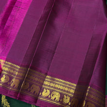 Sahana- Stunning Bottle Green with Deep Magenta Handwoven Pure Jari Rettaikili Buttas Handwoven Kanjivaram Silk with gorgeous Borders and Pallu woven with lot of details and contrast woven blouse
