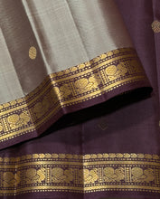 Sahana- Greyish Beige with Deep Brown Buttas with Small Borders Handwoven Pure Kanjivaram Silk with gorgeous pallu and contrast woven blouse