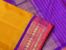 Sampanga Mustard yellow with Purple Handwoven Pure Jari Korvai Kanjivaram Silk Saree with intricate borders rekku pallu beauty