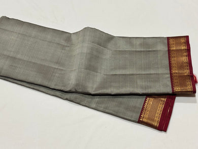 Grey with Maroon Handwoven Pure Kanjivaram Silk Saree with Small borders classy seer pallu and contrast woven blouse beauty