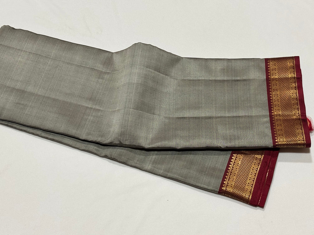 Grey with Maroon Handwoven Pure Kanjivaram Silk Saree with Small borders classy seer pallu and contrast woven blouse beauty