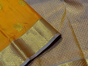 Orange with Lavender short Peach buttas with Araimadam Borders Handwoven Pure Jari Kanjivaram Silk Saree Beauty