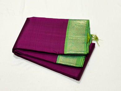 Purple with Dual tone Parrot Green Handwoven Pure Silver Jari Korvai Kanjivaram Silk Saree with rich borders pallu and contrast woven blouse beauty