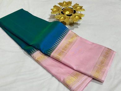 Peacock Blue with Soft Pink Handwoven Pure Jari Korvai Kanjivaram Silk Saree with Long Temples woven doublepet borders woven in mubbakam style