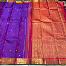 Sahana- Gorgeous Purple with Dual tone Orange Buttas Handwoven Pure Jari Kanjivaram Silk with small borders rich pallu and contrast woven beautiful blouse