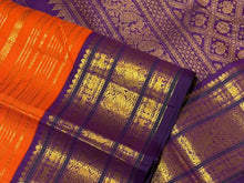 Vaibhogam- Stunning Orange with Purple Handwoven Pure Zari Korvai Kanjivaram Silk with Jari Veldhari woven body with beautiful Varisaipet borders rich pallu and contrast woven blouse