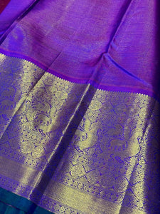 Peacock Blue Green with Purple Vairaoosi with Buttas Handwoven Pure Jari Kanjivaram Silk Saree Beauty with Long & Short Borders