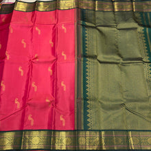 Dual tone Tomato Pink with Bottle Green Buttas Handwoven Pure Jari Korvai Kanjivaram Silk Saree Beauty