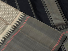 Gorgeous Handwoven Pure Zariless Korvai Kanjivaram Silk Saree in ivory with grey and black combination with temples woven long borders striped body classic seer pallu in black and contrast black blouse