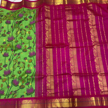 Parrot Green with Pink Handwoven Pure Korvai Kanjivaram Silkcotton Handpichwai Blockprinted Beauty