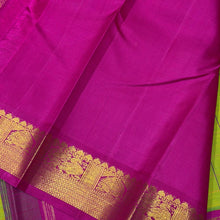 Sarasangi- Stunning Parrot Green with Pink Handwoven Pure Jari Korvai Kanjivaram Silk with beautiful checked body rich borders pallu and contrast woven blouse