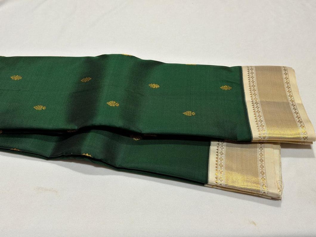 Bottle Green with offwhite Buttas Handwoven Pure Jari Korvai Kanjivaram Silk Saree Beauty