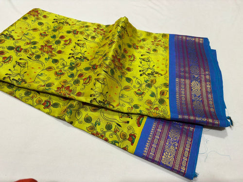 Lemon Sampanga with lavenderish Blue Korvai Handwoven Pure Kanjivaram Silkcotton Saree Pichwai Block Printed