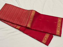 Sahana- Gorgeous Red with Gold Handwoven Pure Jari Kanjivaram Silk with beautiful paisleys woven body in silk thread with long mallimoggu buttas woven borders with rich sorgavasal pallu and contrast red blouse