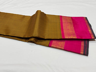 Mustard Yellow with Tomato Pink Checks Handwoven Pure Jari Korvai Kanjivaram Silk Saree Beauty
