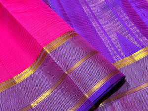 Rani Pink Purple Handwoven Pure Striped Light Weight Kanjivaram Silk Saree Beauty Striped borders