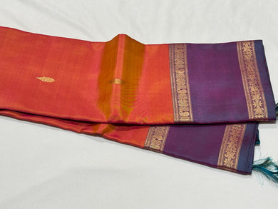 Orange with Lavendar Buttas with Simhayazhi Pallu Handwoven Pure Jari Kanjivaram Silk Saree Beauty with Rettapet Borders