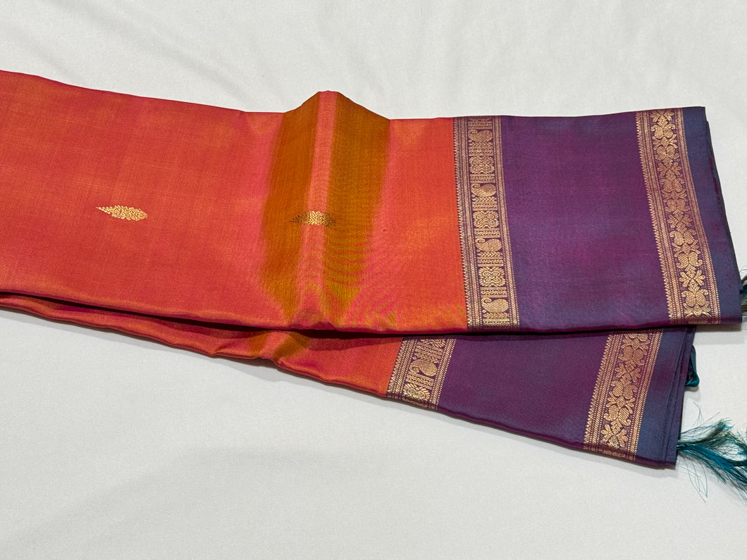 Orange with Lavendar Buttas with Simhayazhi Pallu Handwoven Pure Jari Kanjivaram Silk Saree Beauty with Rettapet Borders